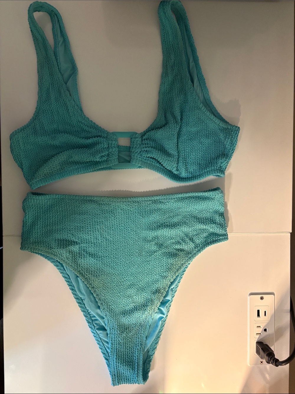 aerie Light Aqua Textured Bikini Set. Top Large and bottom Medium.